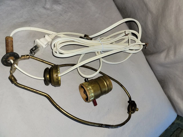 Salvage Vtg Brass Plated Lamp Harp Socket, Rewired Long Cord Plug 1940s