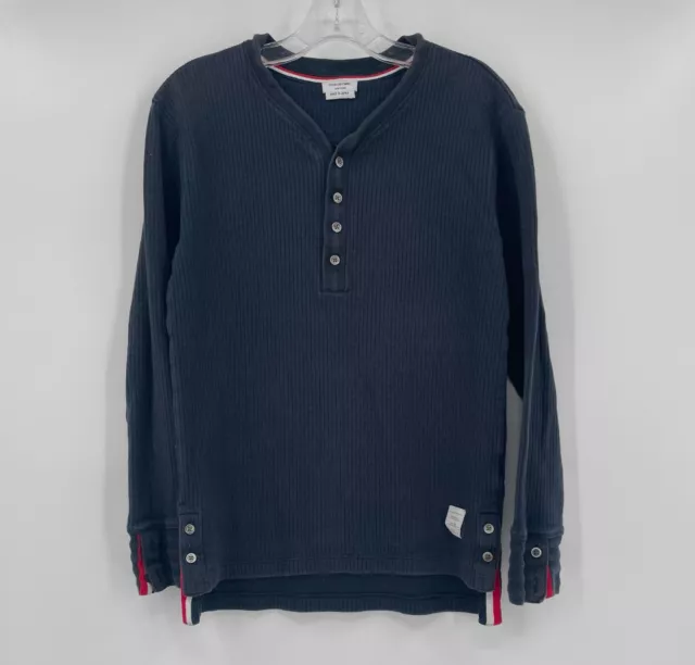 Thom Browne Mens Blue Knit 100% Cotton Ribbed Henley Long Sleeve Shirt