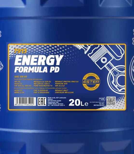 20 litros MANNOL Energy Formula PD 5W-40 aceite de motor API SN ACEA C3 MB GM VW FORD 2