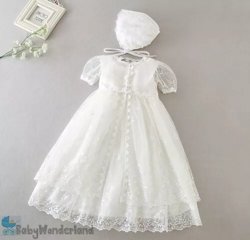 Baby Girl 3 Pcs White Formal Christening Gown Baptism Birthday Lace Dress 0-2Yrs