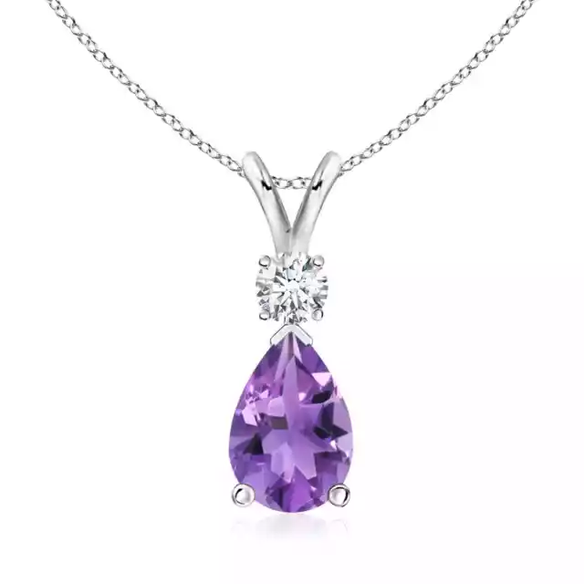 ANGARA 10x7mm Natural Amethyst Teardrop Pendant Necklace with Diamond in Silver