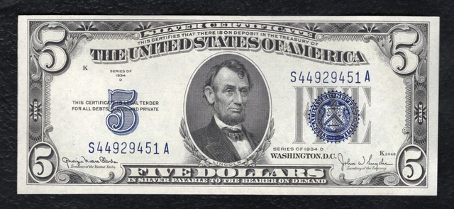 1934-D $5 Five Dollars Silver Certificate Currency Note Gem Uncirculated