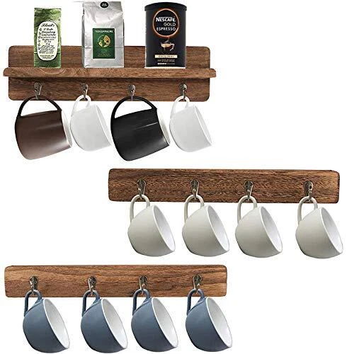 Coffee Mug HolderRustic Wood Wall Mounted Coffee Mug Rack with 12 Hooks and S...