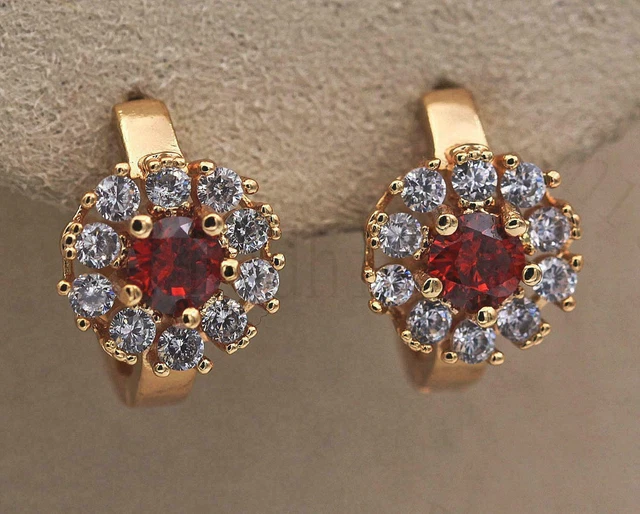 Pretty 18K Yellow Gold Filled Garnet Red & Clear CZ Round Huggie Hoop Earrings I