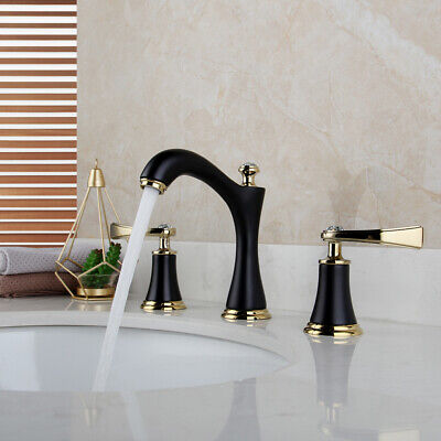 Bathroom  Black & Gold Widespread Basin Faucet Waterfall Sink 3 Holes Mixer Taps