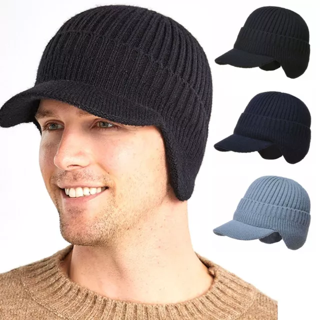 Winter Warm Wool Ear Protection Cycling Cap Beanie Hat with Brim Men's Knit Cap