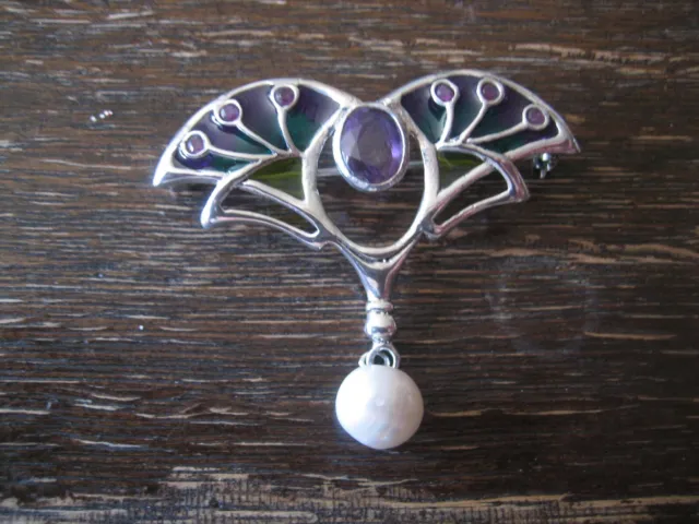 traumhaft schöne Brosche 925er Silber Emaille Amethyst in Art des Jugendstil NEU 2