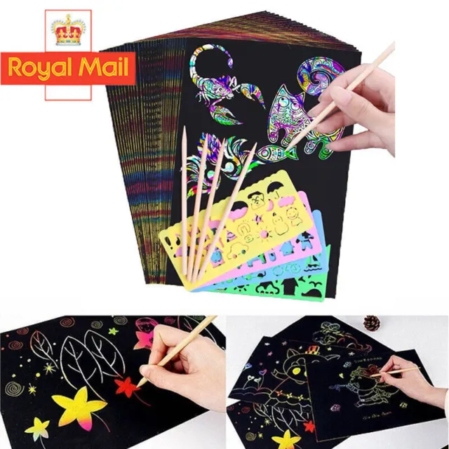50 Sheets Scratch Art Paper Magic Rainbow Painting Doodle Boards 5 Wooden Stylus