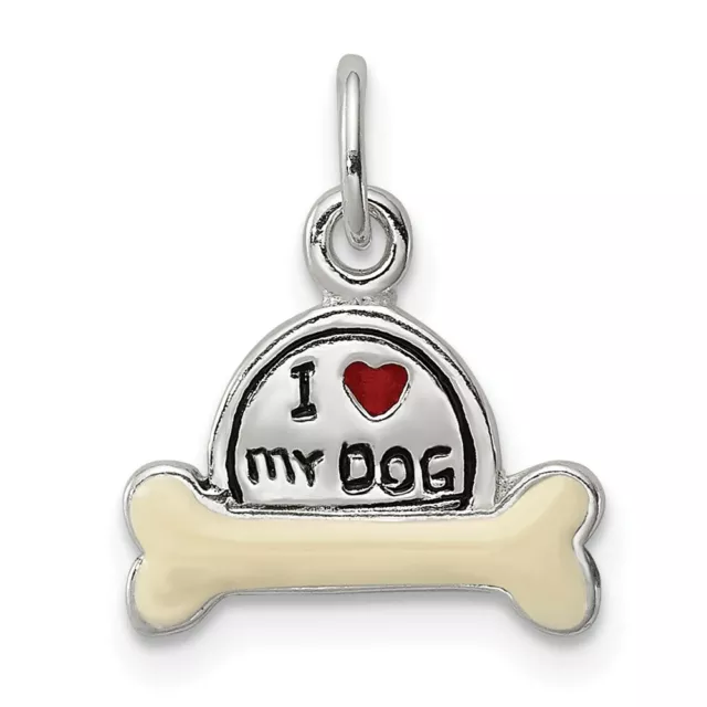 Sterling Silver 925 Enameled I LOVE MY DOG Charm Pendant 0.59 Inch