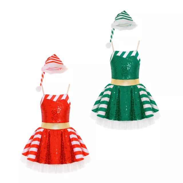 Kids Girls Tutu Dress With Hat Sleeveless Christmas Set Princess Striped 2Pcs