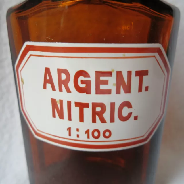 alte Apothekerflasche mit Schliff-Stopfen Argent. nitric. emailliert achteckig 2