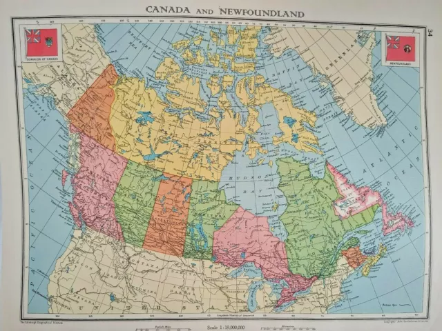 Vintage map of CANADA and NEWFOUNDLAND - 1930s, approx A3 size - VGC