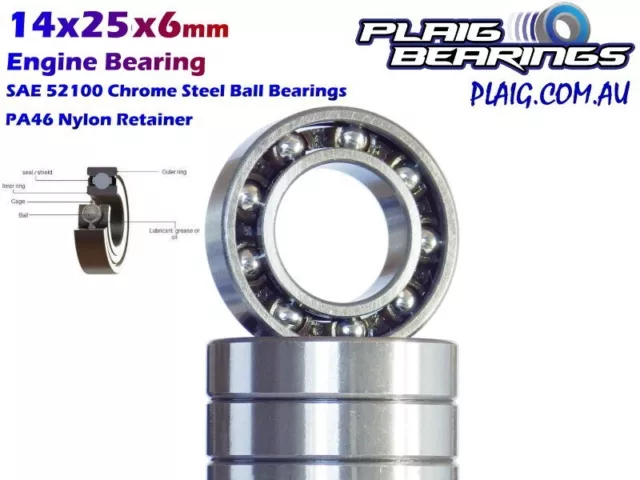 14x25x6mm Open Steel Nitro Engine Bearings -  No Seals - Precision Bearing