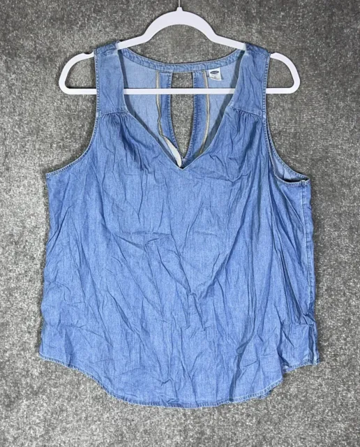 Old Navy Relaxed Fit Chambray Blue Tank Top Womens Size XL Curved Hem Keyhole