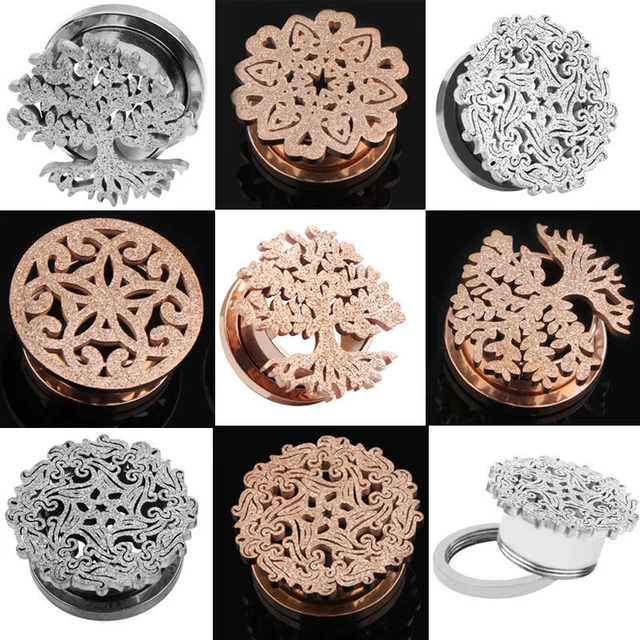 2pc Steel Silver Rose Gold Frosted Flower Tree Screw Fit Flesh Tunnel Ear Plug