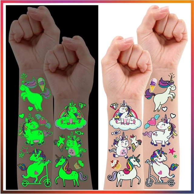 128 Stück Leuchtende Einhorn Tattoos Für Kinder – Sicher, Ungiftig, Wasserfest | Perfekt Für Geburtstag & Partys