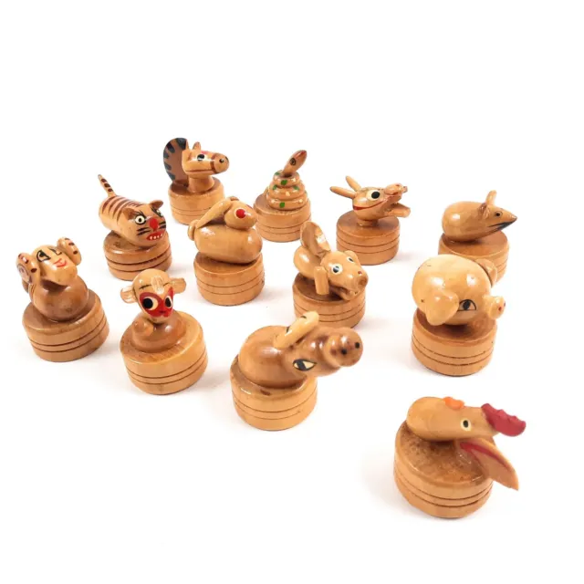 Vintage Chinese Zodiac Miniature Wooden Figurines Animals Full Set Handcrafted