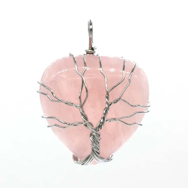 Natural Healing Crystal Quartz Wire Wrap Tree Of Life Heart Chakra Stone Pendant