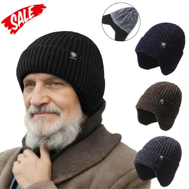 Mens Beanie Hat Fleece Lined Warm Winter Knit Hats With Ear Flaps Sport Ski Cap