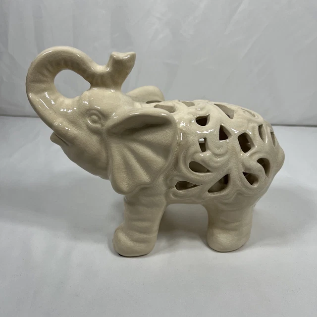 Carved Ceramic Cream Elephant 7.5" Tall X 9" Long Statue
