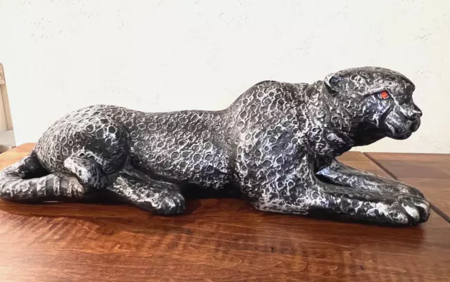 Vintage Black/Silver Cheetah Leopard Sculpture Figure Laying Down 24” Jewel eyes