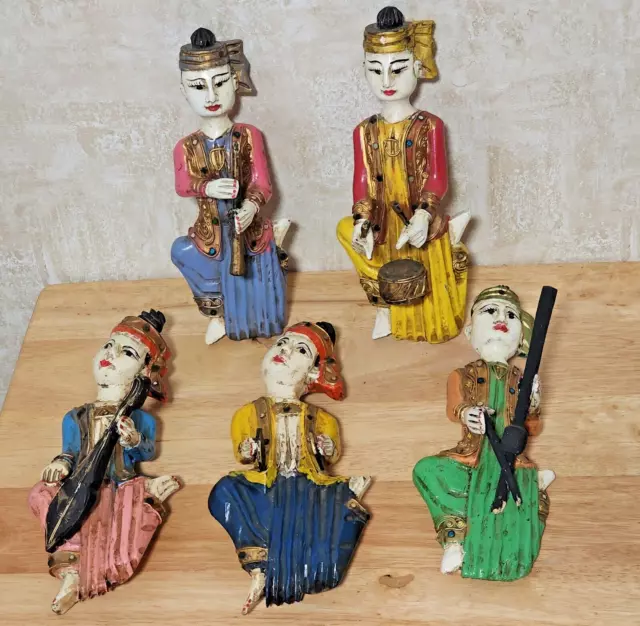 Vintage Bali Indonesian Carved Wood Musician Wall Art Sculptures- 10" Set Of 5