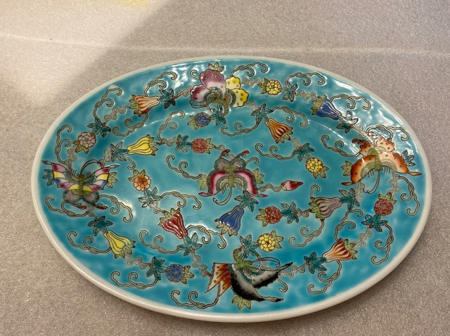 Vtg CHINESE JINGDEZHEN PORCELAIN OVAL PLATE Hand Painted Butterflies & Flowers