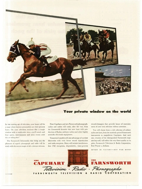 1945 Capehart Farnsworth Television Cabinet Horse Racing Vintage Print Ad