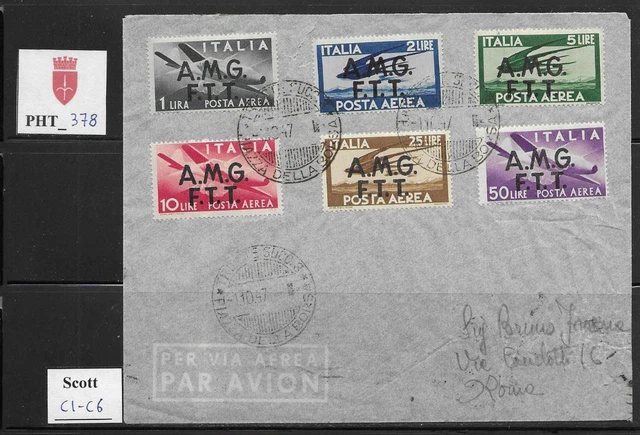 PHT_378. TRIESTE FTT. 1947 FDC letter w. DEMOCRATICA air mail set. Scott C1-C6.