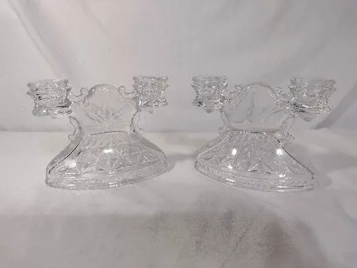 Vintage Clear Glass Pair Of Double Candelabra CUT GLASS Mod Candlestick