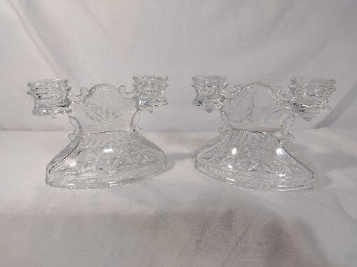 Vintage Clear Glass Pair Of Double Candelabra CUT GLASS Mod Candlestick
