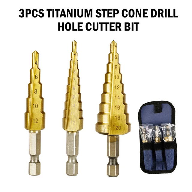 3Pcs 1/4" Shank Hole Cut Drill Bit Set Titanium HSS Steel Cone Step Quick Change