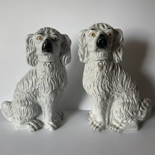 Antique Large Puppy Dog Sculpture Pair Staffordshire Statue Vintage Ceramic Old