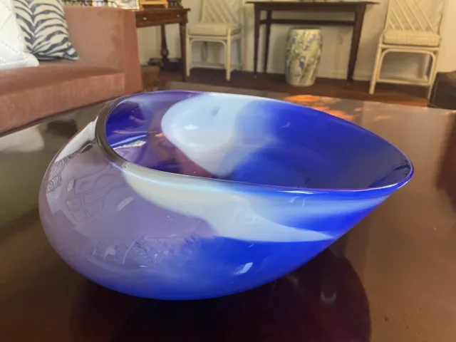Signed Mark Fowler Studio Art Hand Blown Glass 16” Centerpiece Blue PurpleWhite
