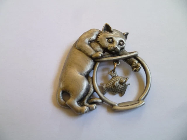 VINTAGE JJ JONETTE Cat Brooch, Pewter, Fish In A Bowl, Signed