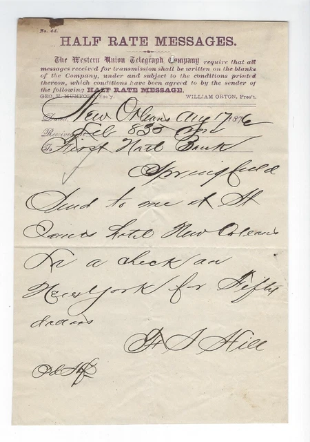 1876 New Orleans LA Western Union Telegram, Half Rate Message - St. James Hotel