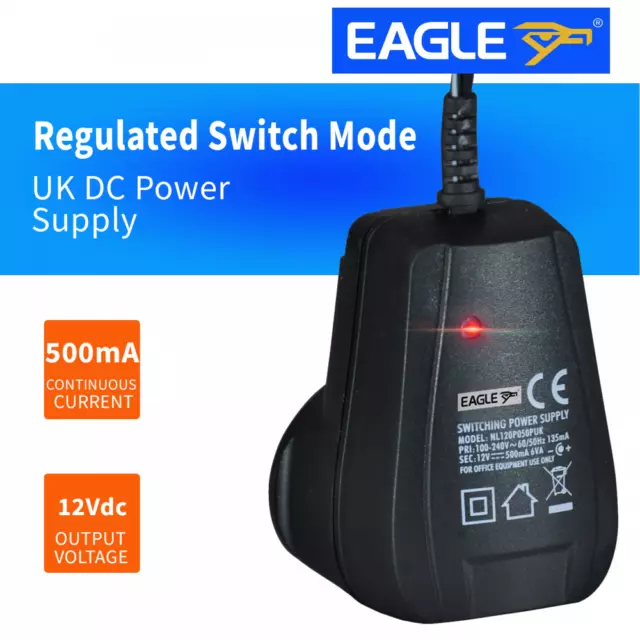 Regulated Switch Mode 12 V dc 500mA Power Supply UK Plug 2.1mm DC Plug