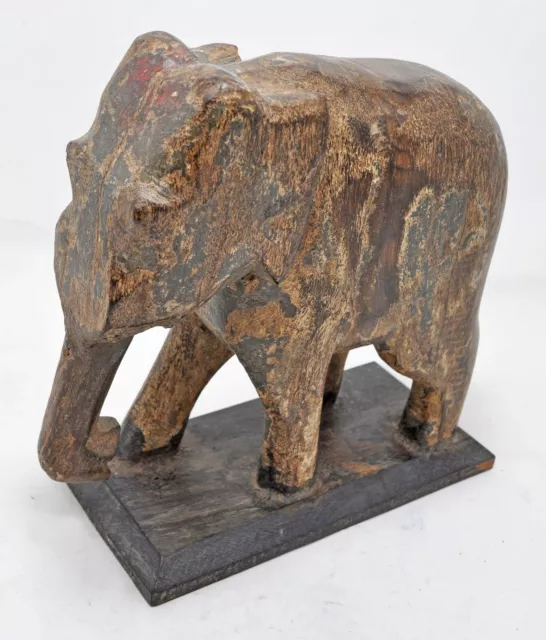 Antigüedad Madera Elefante Figura Estatua Original Antiguo Tallado a Mano