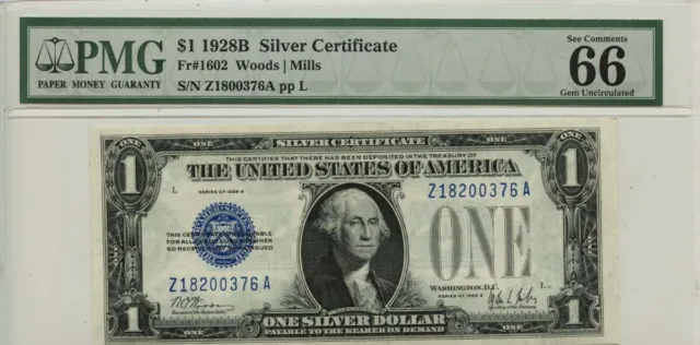 1928B $1 Silver Certificate Blue Seal Fr# 1602 PMG Gem66 EPQ
