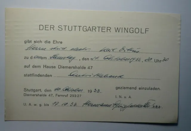 Stuttgart - Stuttgarter Wingolf - 1933 - Einladung zum Antrittabend / Studentika