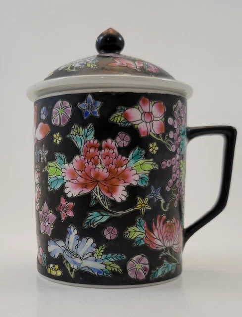 Chinese China Floral Cloisonne Tea Cup Mug with Lid Porcelain Ceramic Signed VTG
