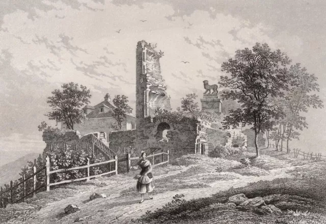 BAD KREUZNACH - Ruinenansicht Kauzenburg - Stahlstich um 1840