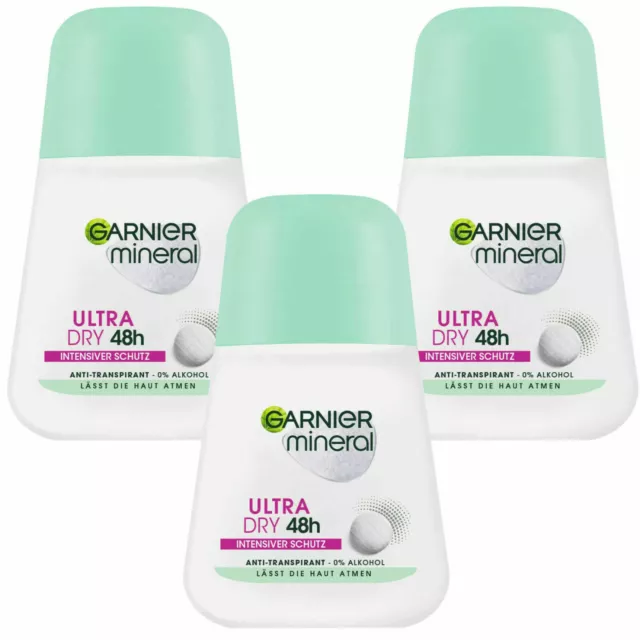 ✅ Garnier mineral Ultra Dry 48h Deo Roll On 0% Alcohol Anti Transpirant 3x 50ml✅