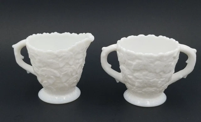Westmoreland Milk Glass Bramble Maple Sugar and Creamer Set EAPG VINTAGE GLASS