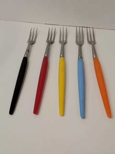 Set of 5 Vintage Stainless Steel Retro 3 Tine Fondue Forks Plastic Handles Japan