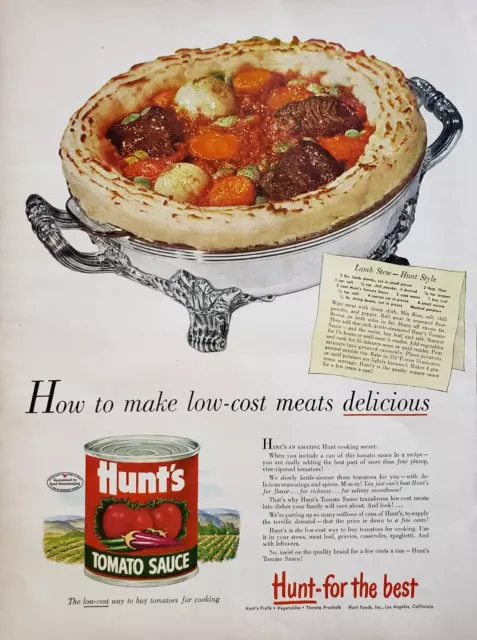 1949 Hunt's Tomato Sauce Lamb Stew Hunt Style Recipe Low Cost Print Ad