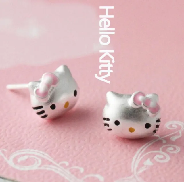 Adorable Silver SP Pink Bow Hello Kitty Cat Kitten Stud Earrings