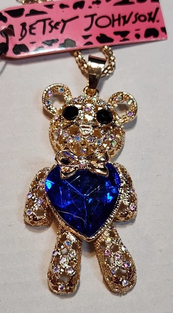 Betsey Johnson Silver Plated Rhinestone Bear Blue Crystal Pendant Chain Necklace