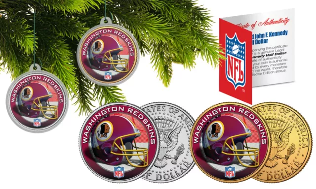 WASHINGTON REDSKINS Colorized JFK Half Dollar 2-Coin Set NFL Christmas Ornaments