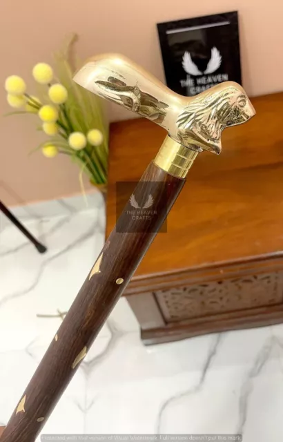 Solid Brass Lion Head Handle Walking Cane Wooden Stick Antique Style Gift Item